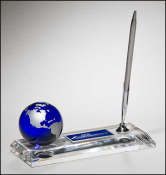 Beautiful crystal desk set with blue globe and silver pen