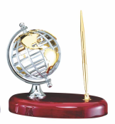Elegant rosewood desk set with metal globe and brass pen