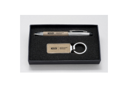 PKC6427 taupe leather gift set pen and key ring